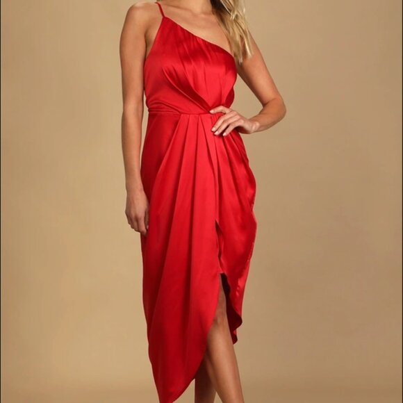 Red One Shoulder Cocktail Midi Dress from Lulu's - Picture 3 of 7